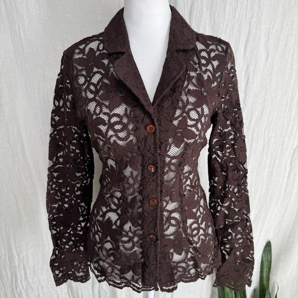 Vtg Brown Sheer Lace Top Whimsigoth Fairy Grunge Indie Romantic Boho Chic Button